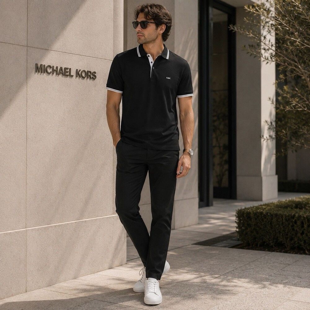 MICHAEL‎ KORS New Men’s Greenwich Polo Shirt LARGE Black 100% Cotton